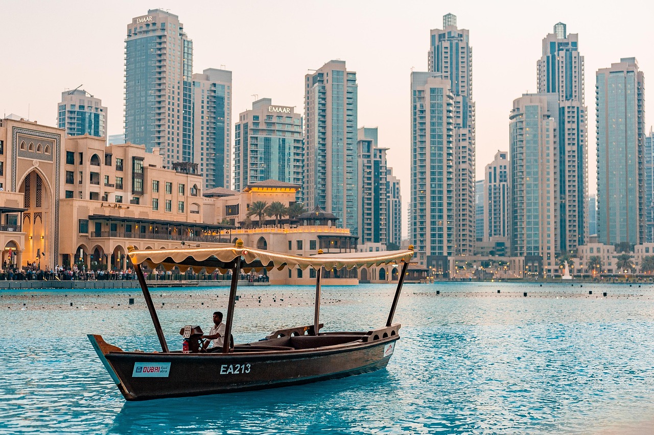 downtown, nature, dubai, uae, tourism, city, people, buildings, sunset, water, pond, boat